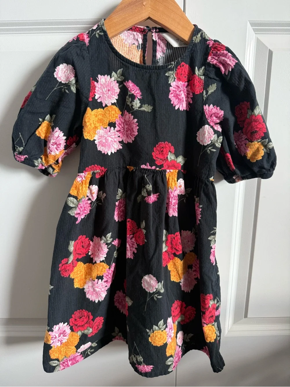 H&M Black Floral Puff-Sleeve Dress with Pink, Red & Yellow Flowers